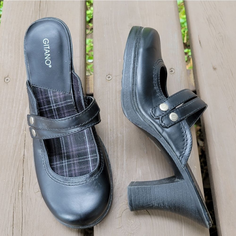 Vintage 90s y2k Bratz Black Faux Vegan Leather Chunky Heel Platform Buckle Mules